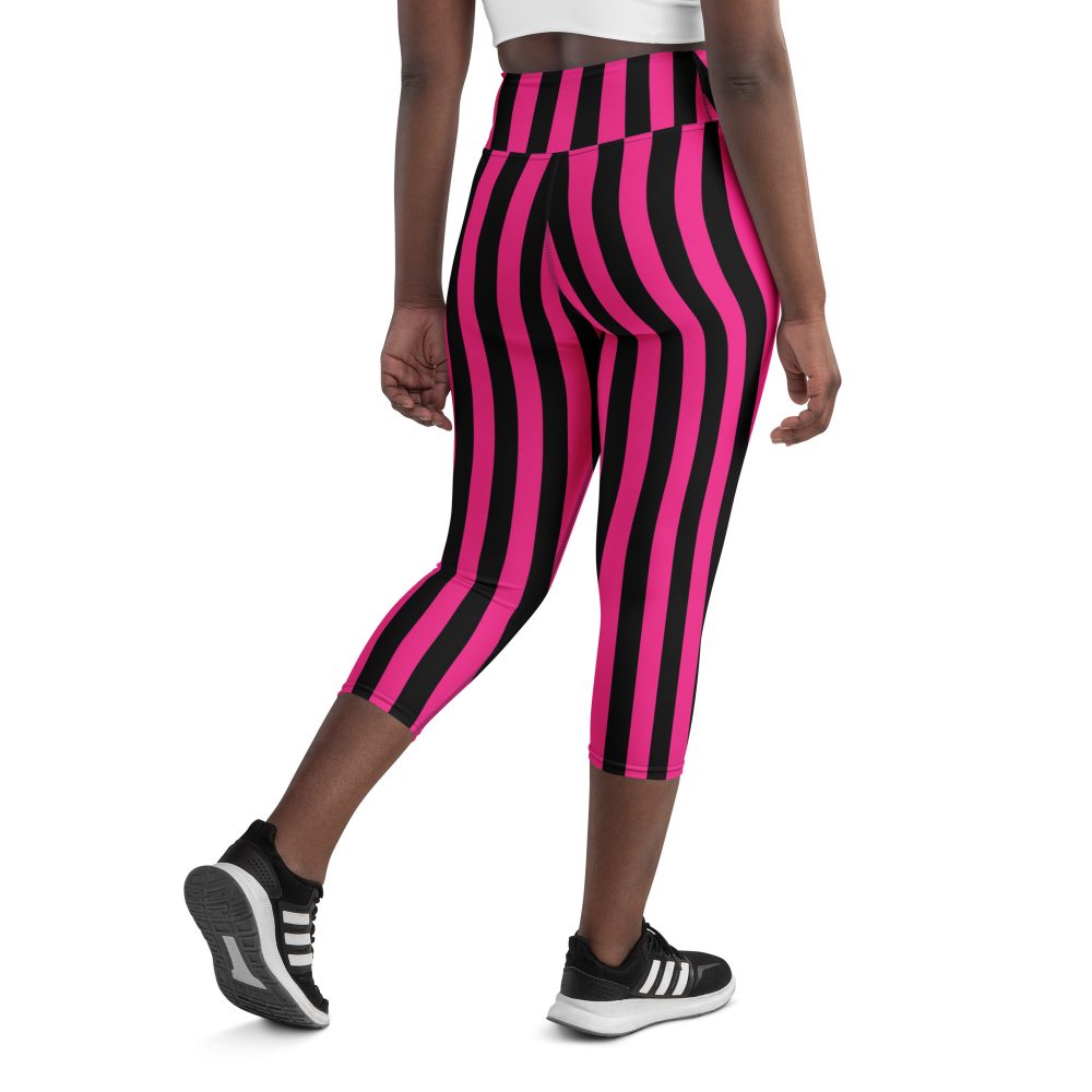 Pink Magenta and Black Stripes Pirate Witch Goth Costume Striped Yoga Capri Leggings - Image 7