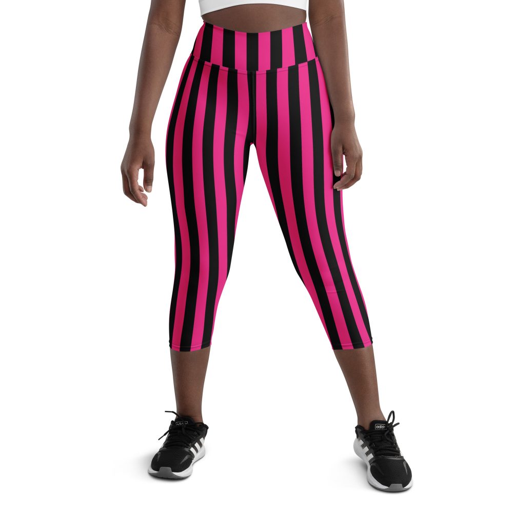 Pink Magenta and Black Stripes Pirate Witch Goth Costume Striped Yoga Capri Leggings