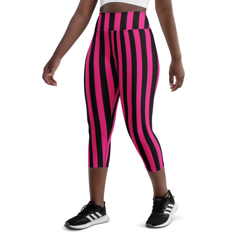 Pink Magenta and Black Stripes Pirate Witch Goth Costume Striped Yoga Capri Leggings - Image 6