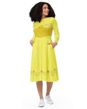 Princess Belle Costume Beauty And The Beast Halloween Cosplay Long Sleeve Midi Dress