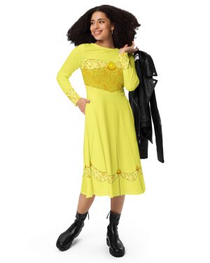 Princess Belle Costume Beauty And The Beast Halloween Cosplay Long Sleeve Midi Dress