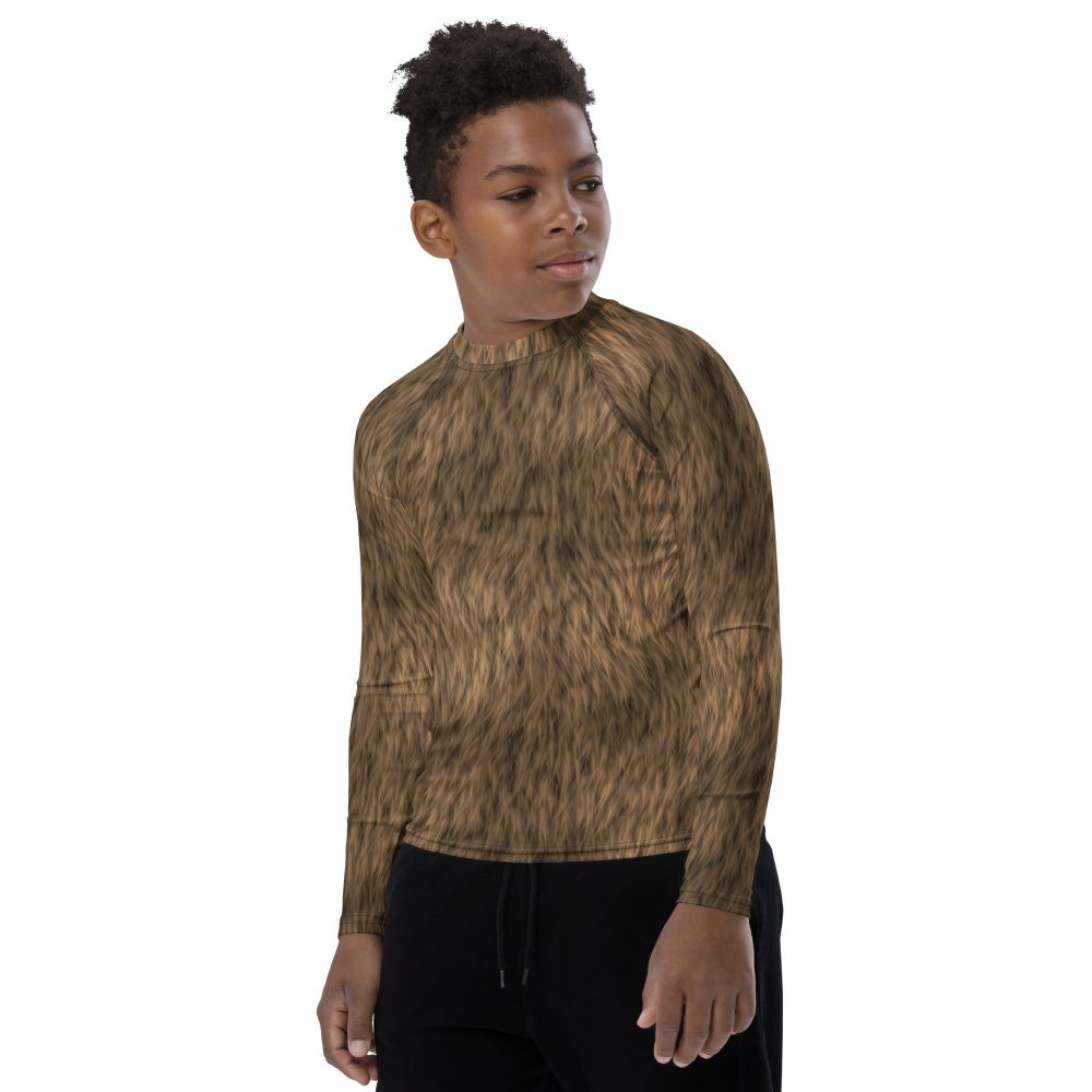 Brown Fur Print Bear Dog Cat Costume Youth Rash Guard - Image 3