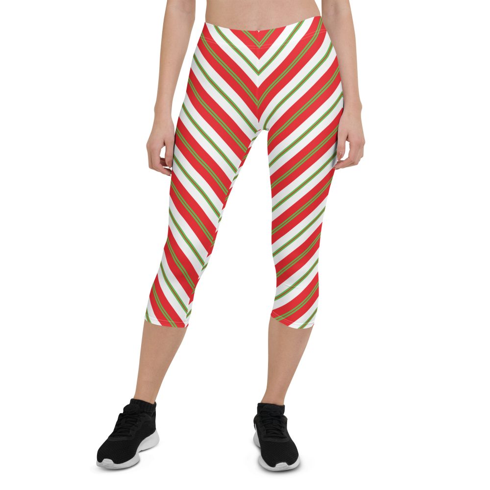 Christmas Festive Striped Red Green Capri Leggings