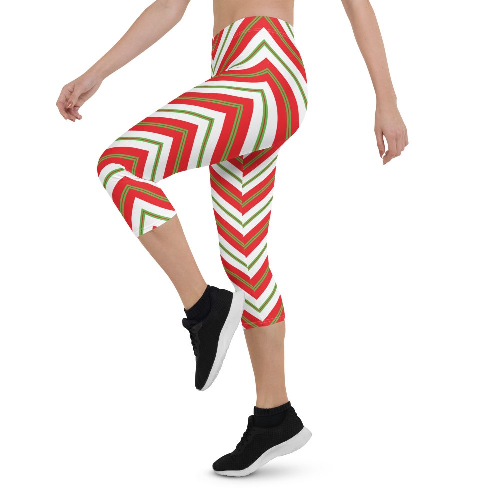 Christmas Festive Striped Red Green Capri Leggings - Image 3