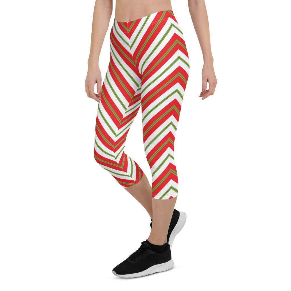 Christmas Festive Striped Red Green Capri Leggings - Image 5