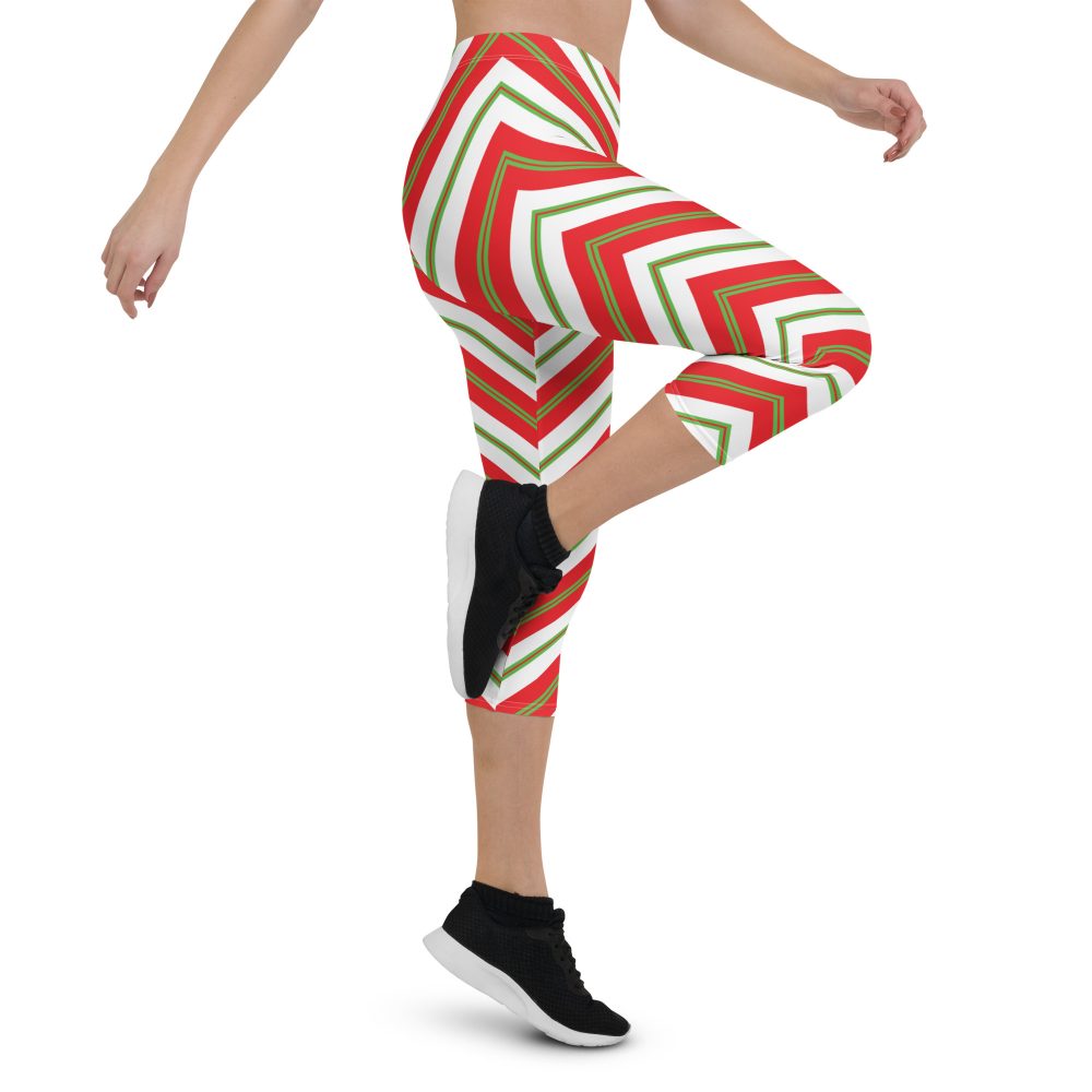 Christmas Festive Striped Red Green Capri Leggings - Image 4