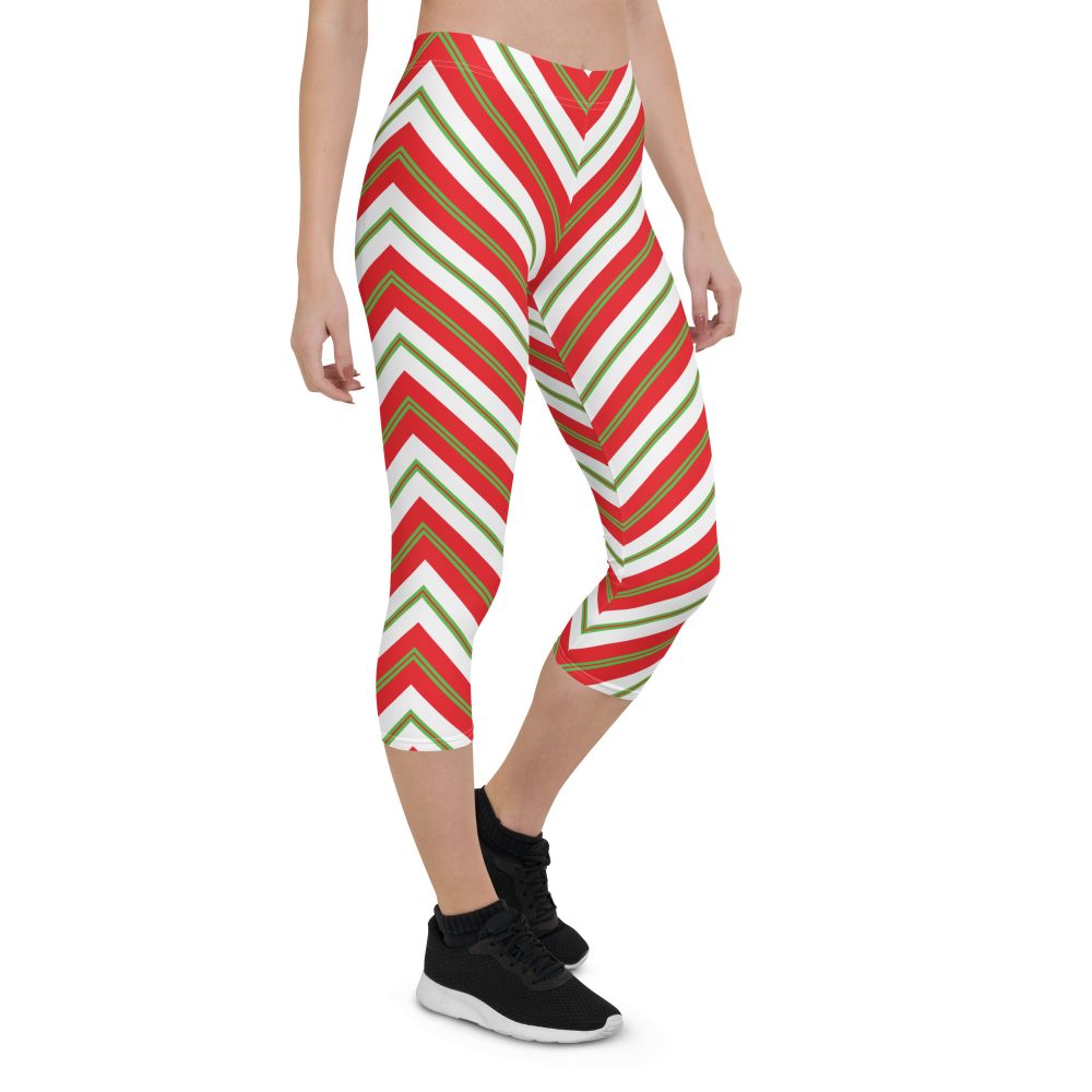 Christmas Festive Striped Red Green Capri Leggings - Image 6