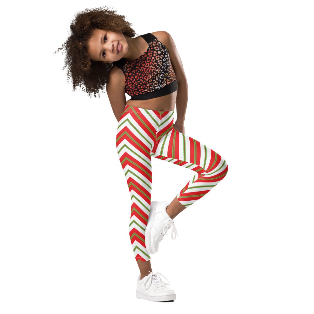 Christmas Festive Striped Red Green Kid's Leggings - Image 4