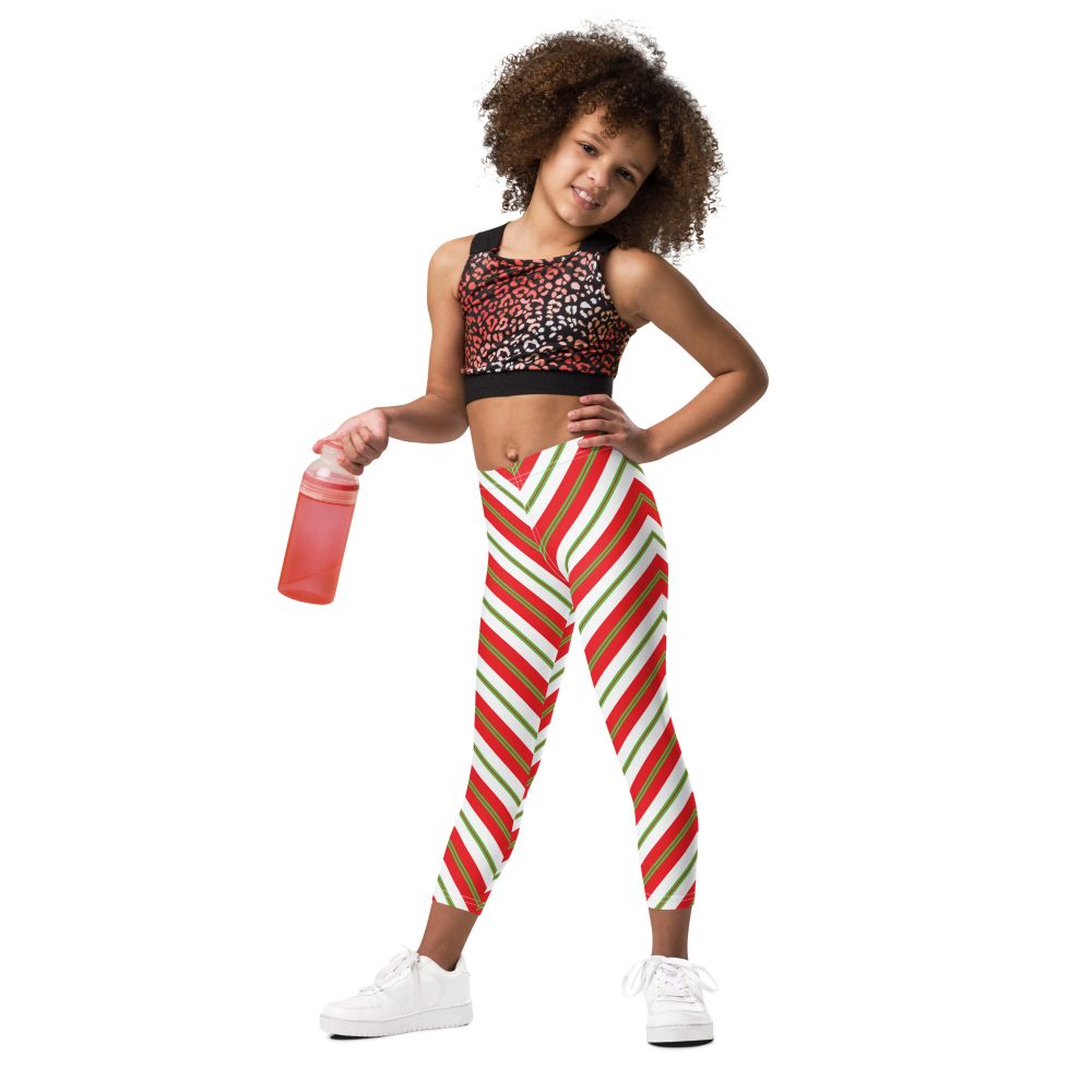 Christmas Festive Striped Red Green Kid's Leggings - Image 3