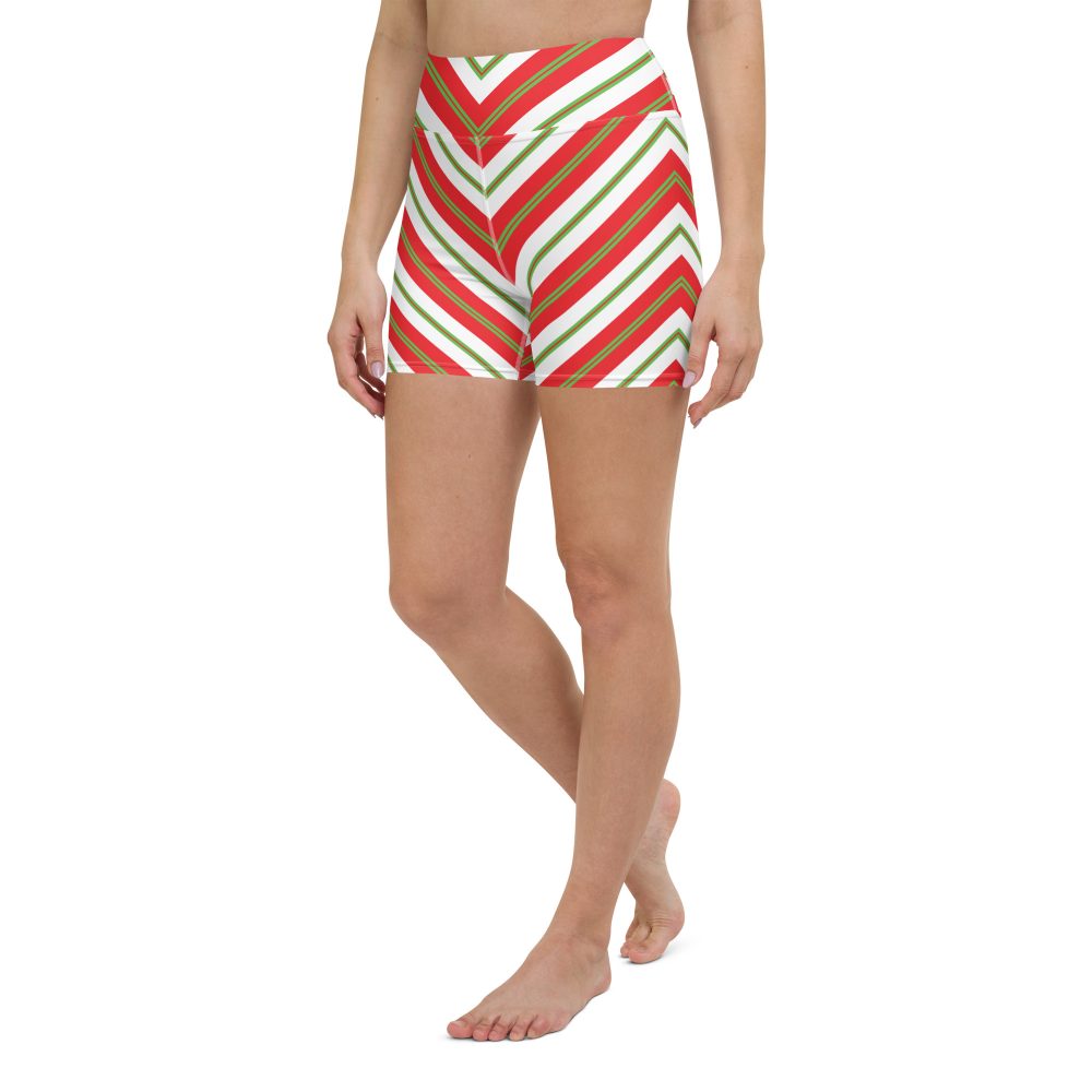 Christmas Festive Striped Red Green Yoga Shorts - Image 5