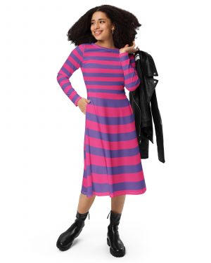 Cheshire Cat Costume Alice in Wonderland Halloween Cosplay Long Sleeve Midi Dress