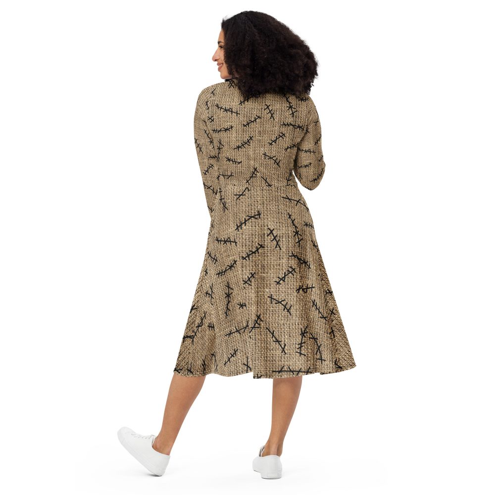 Oogie Boogie Halloween Christmas Costume Burlap Print Long Sleeve Midi Dress - Image 5