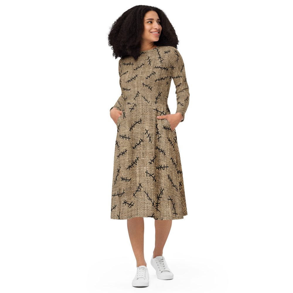 Oogie Boogie Halloween Christmas Costume Burlap Print Long Sleeve Midi Dress