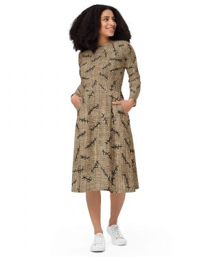 Oogie Boogie Halloween Christmas Costume Burlap Print Long Sleeve Midi Dress