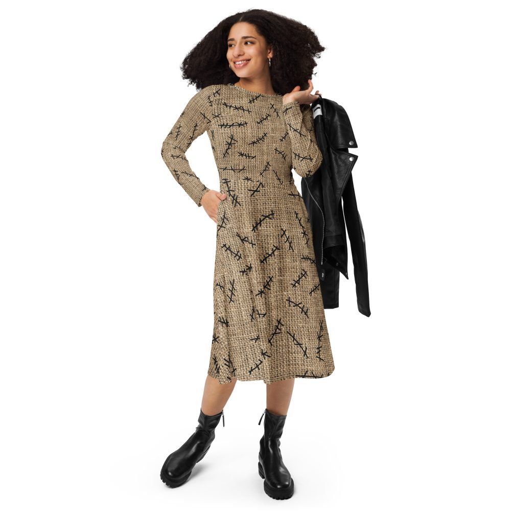 Oogie Boogie Halloween Christmas Costume Burlap Print Long Sleeve Midi Dress - Image 4