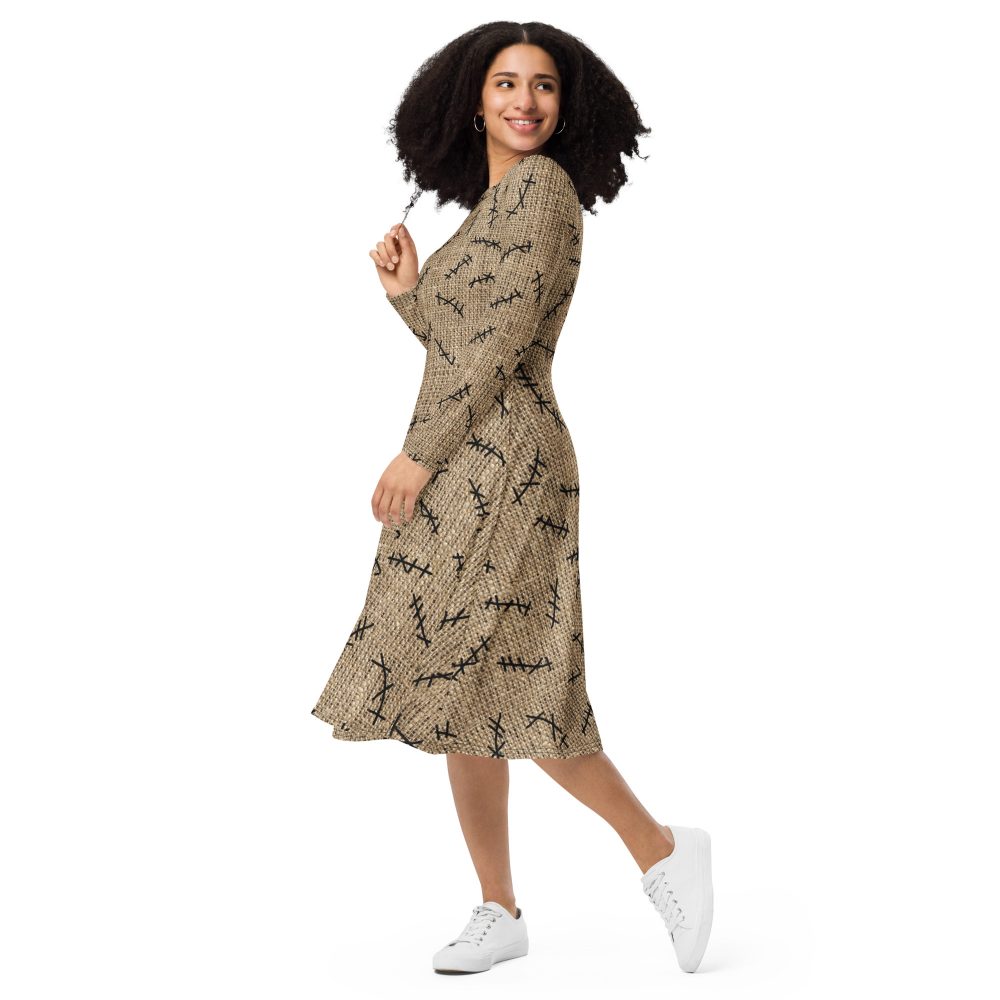 Oogie Boogie Halloween Christmas Costume Burlap Print Long Sleeve Midi Dress - Image 6