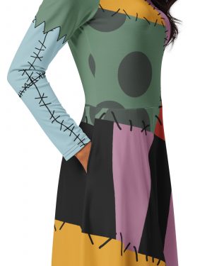 Nightmare Sally Costume Halloween Cosplay Long Sleeve Midi Dress