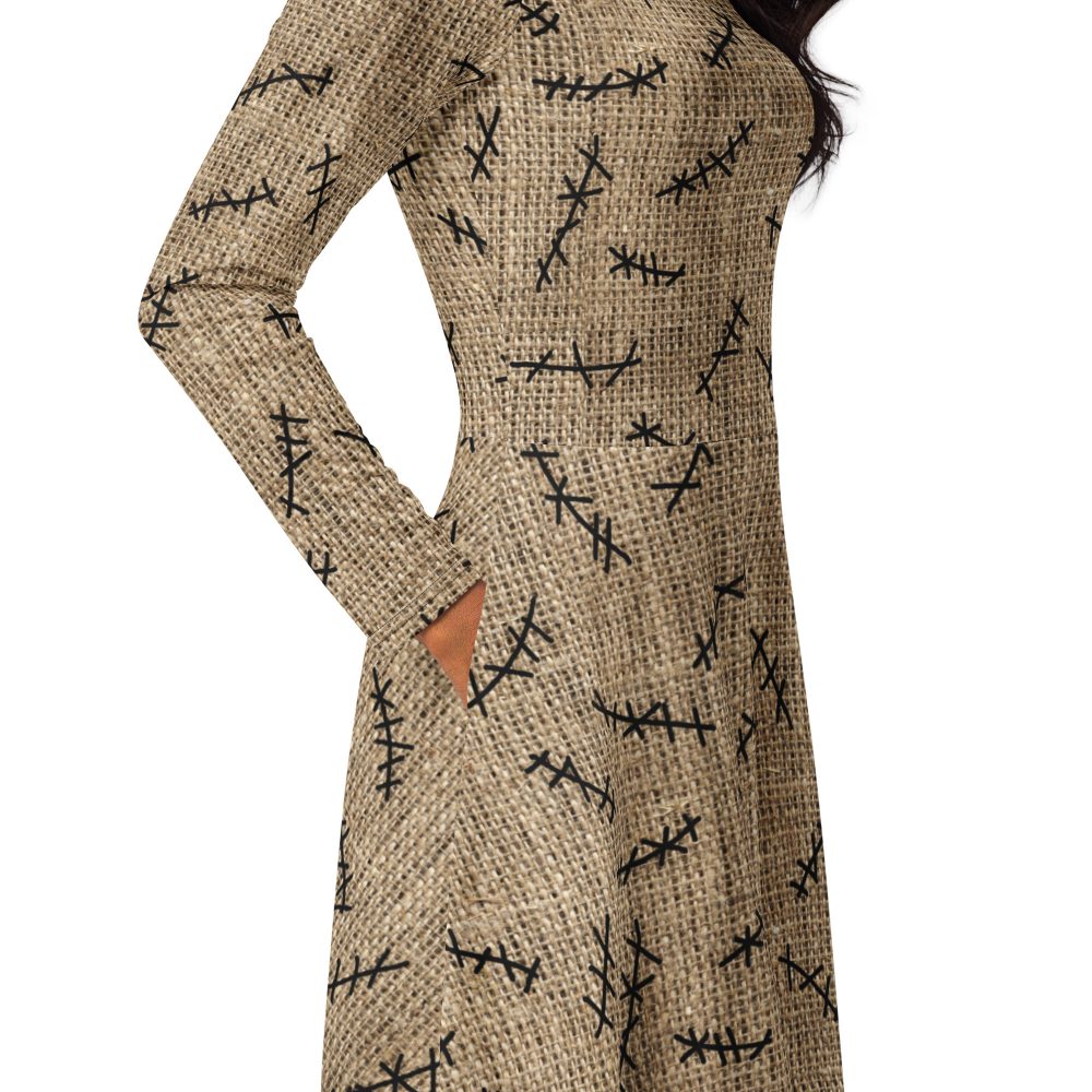 Oogie Boogie Halloween Christmas Costume Burlap Print Long Sleeve Midi Dress - Image 2