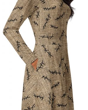 Oogie Boogie Halloween Christmas Costume Burlap Print Long Sleeve Midi Dress