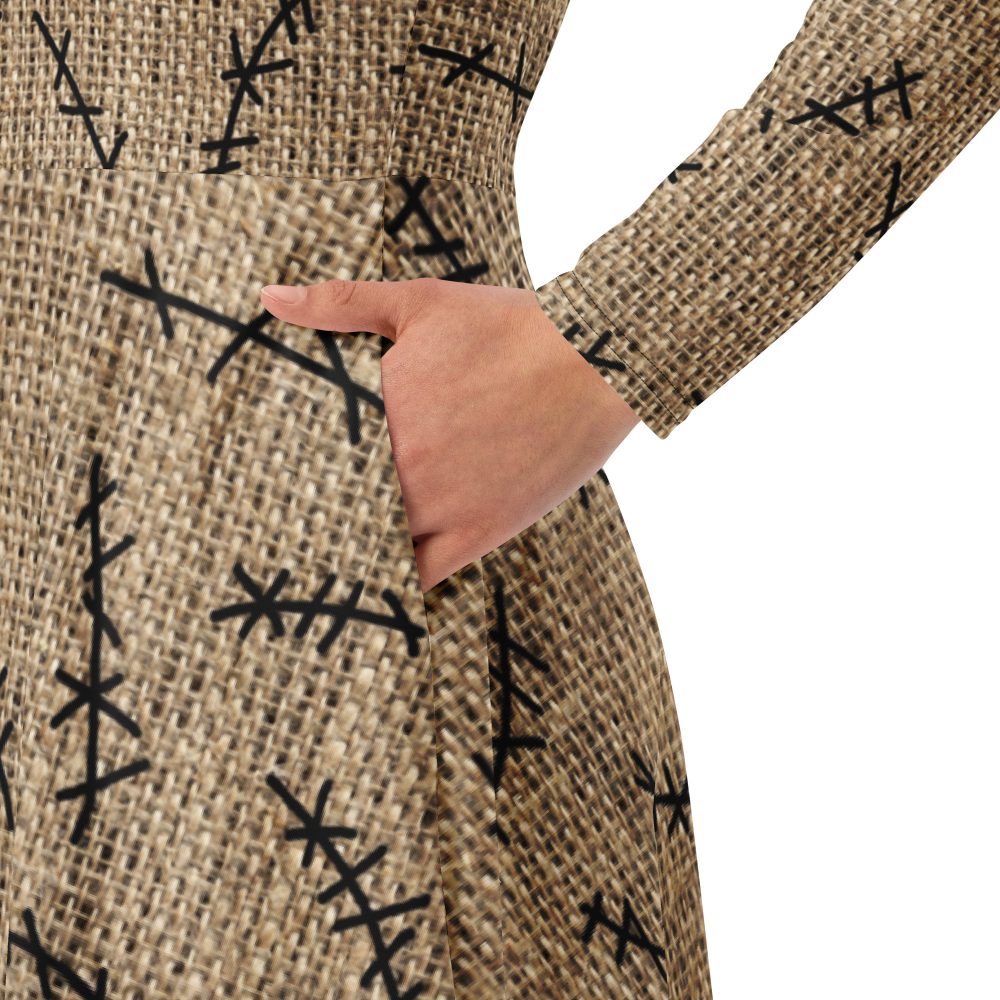 Oogie Boogie Halloween Christmas Costume Burlap Print Long Sleeve Midi Dress - Image 3