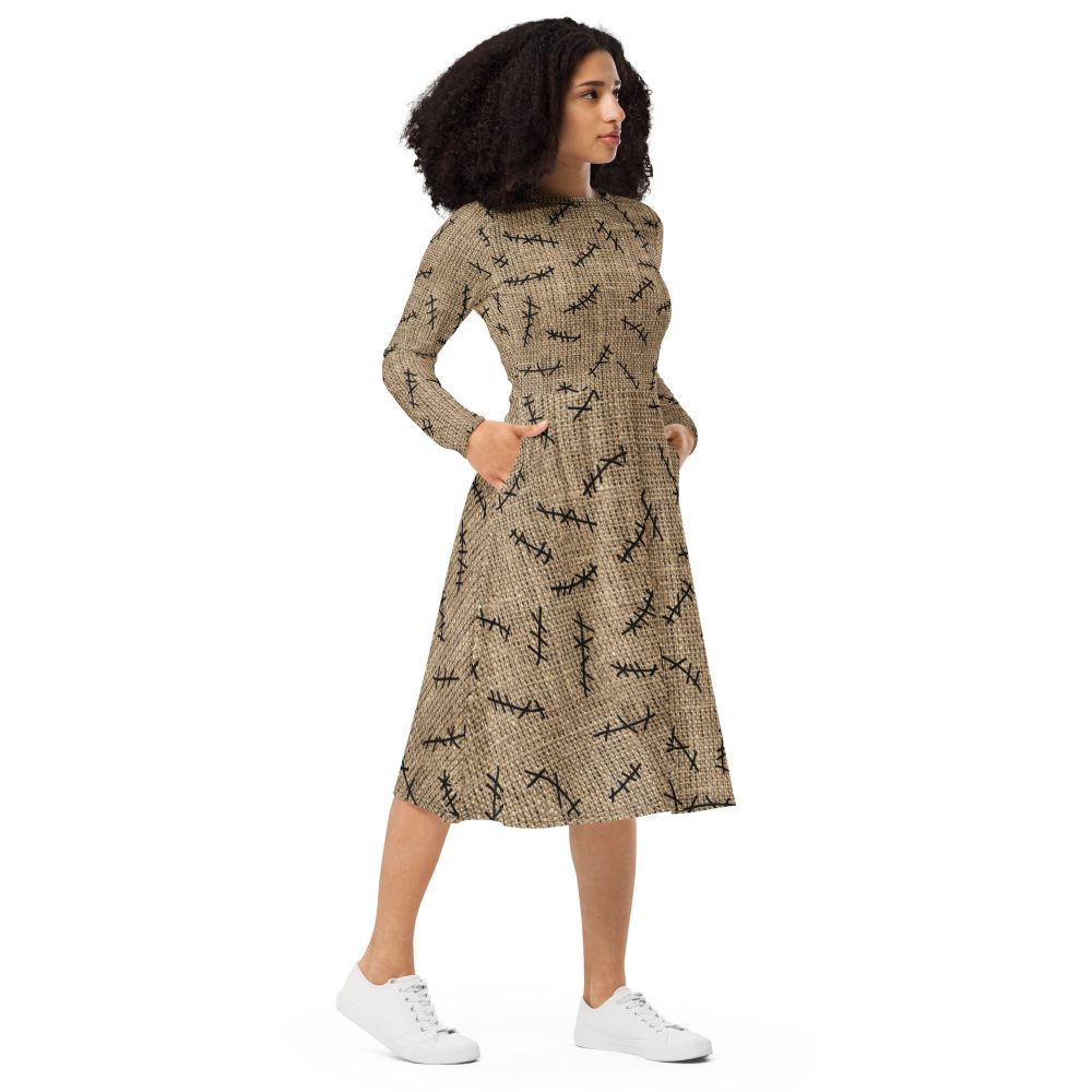 Oogie Boogie Halloween Christmas Costume Burlap Print Long Sleeve Midi Dress - Image 7