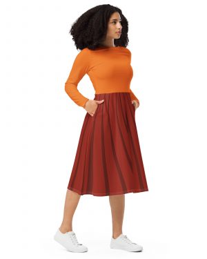 Velma Mystery Detective Halloween Cosplay Costume Long Sleeve Midi Dress