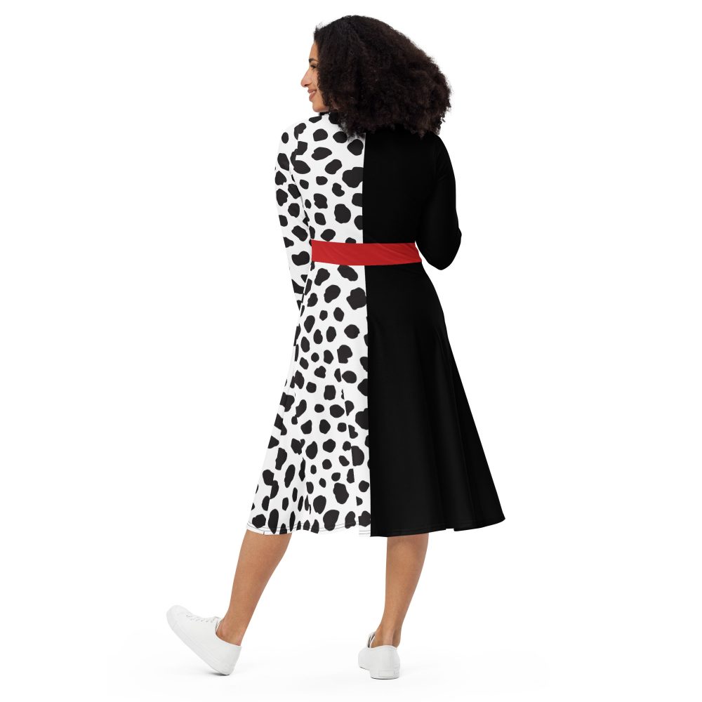 Cruella Deville Costume Halloween Cosplay Dalmatian Villain Long Sleeve Midi Dress - Image 4