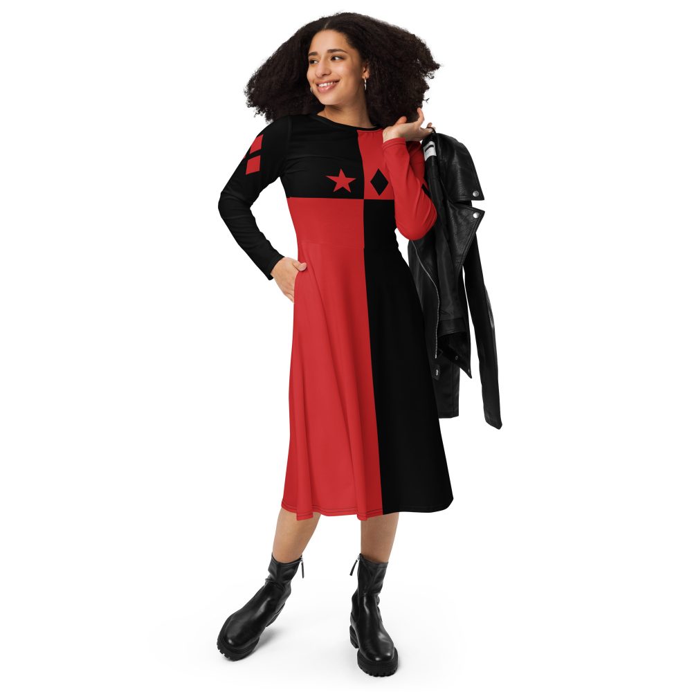 Harley Quinn Halloween Cosplay Costume Long Sleeve Midi Dress