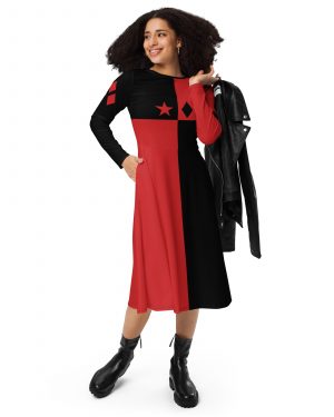 Harley Quinn Halloween Cosplay Costume Long Sleeve Midi Dress