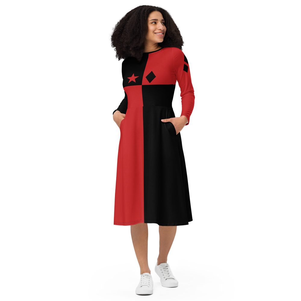 Harley Quinn Halloween Cosplay Costume Long Sleeve Midi Dress - Image 7