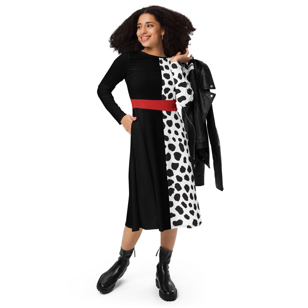 Cruella Deville Costume Halloween Cosplay Dalmatian Villain Long Sleeve Midi Dress