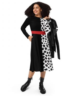 Cruella Deville Costume Halloween Cosplay Dalmatian Villain Long Sleeve Midi Dress