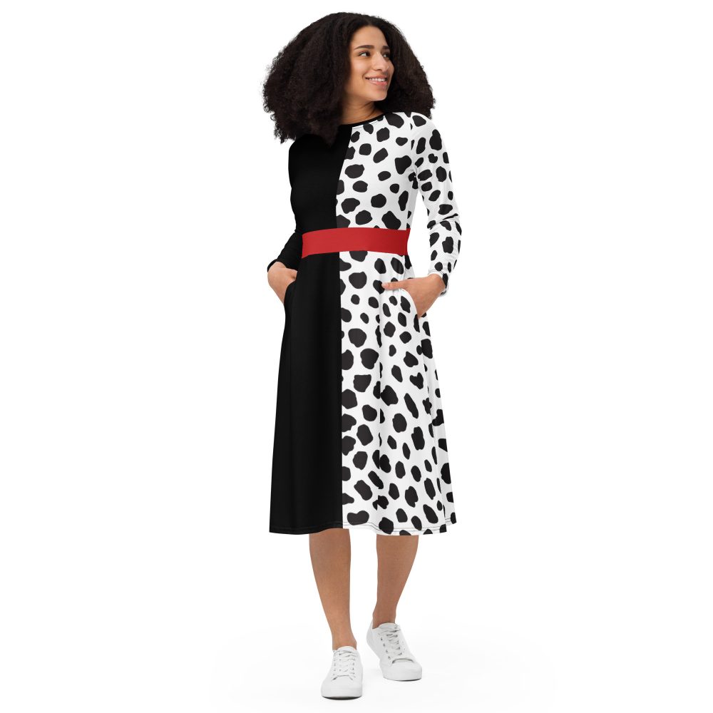 Cruella Deville Costume Halloween Cosplay Dalmatian Villain Long Sleeve Midi Dress - Image 7