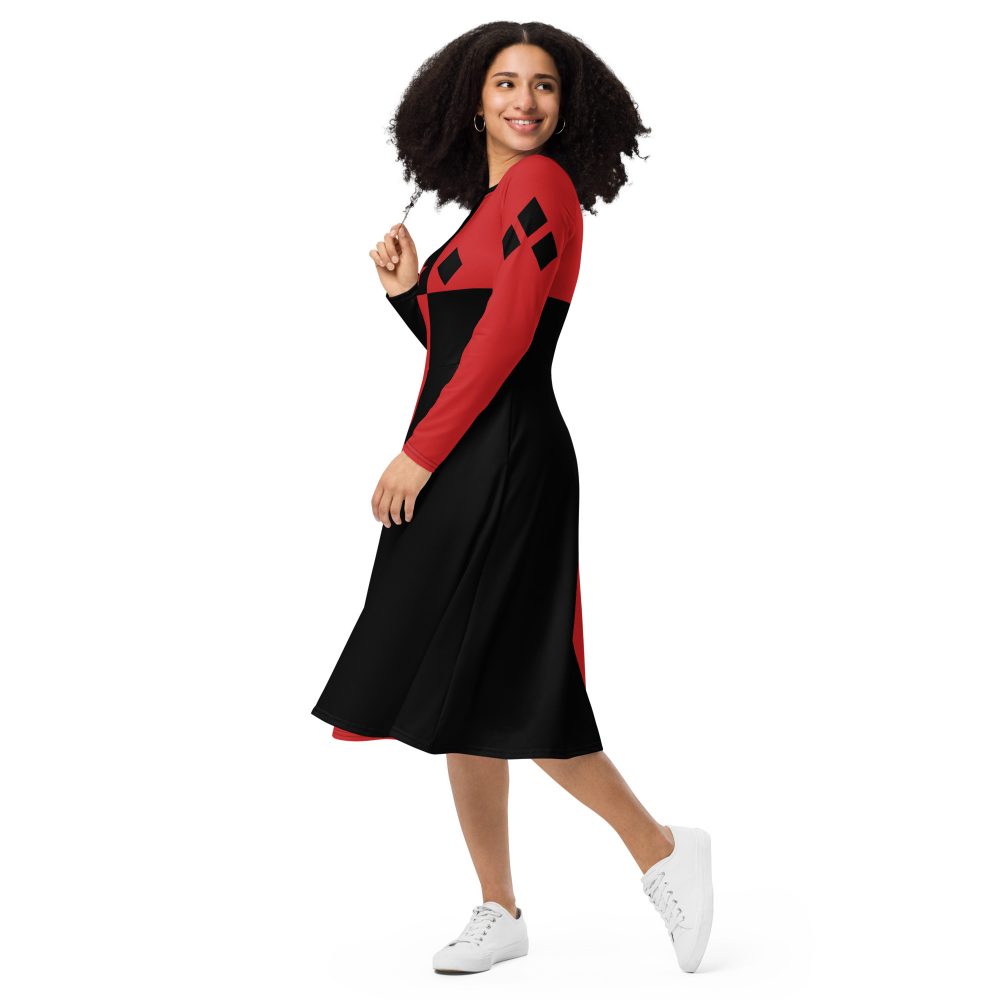 Harley Quinn Halloween Cosplay Costume Long Sleeve Midi Dress - Image 3