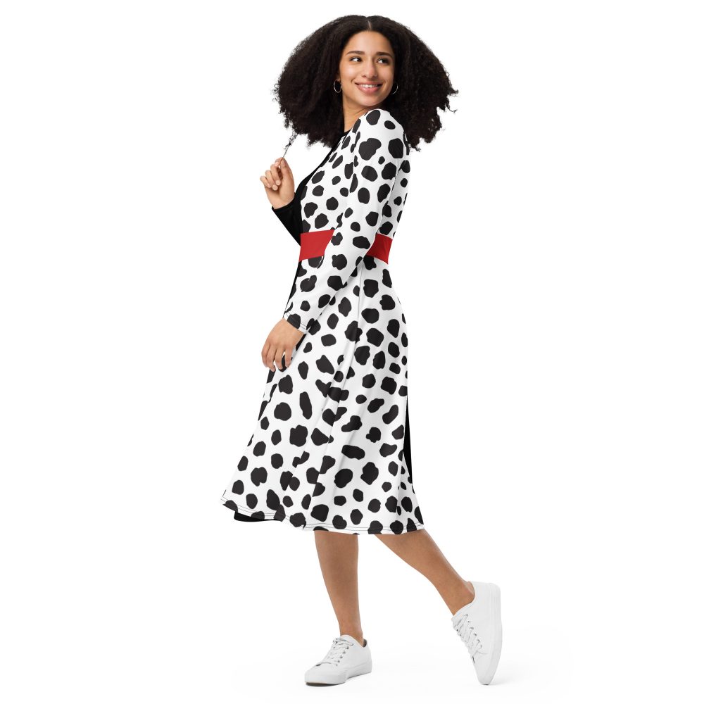 Cruella Deville Costume Halloween Cosplay Dalmatian Villain Long Sleeve Midi Dress - Image 3