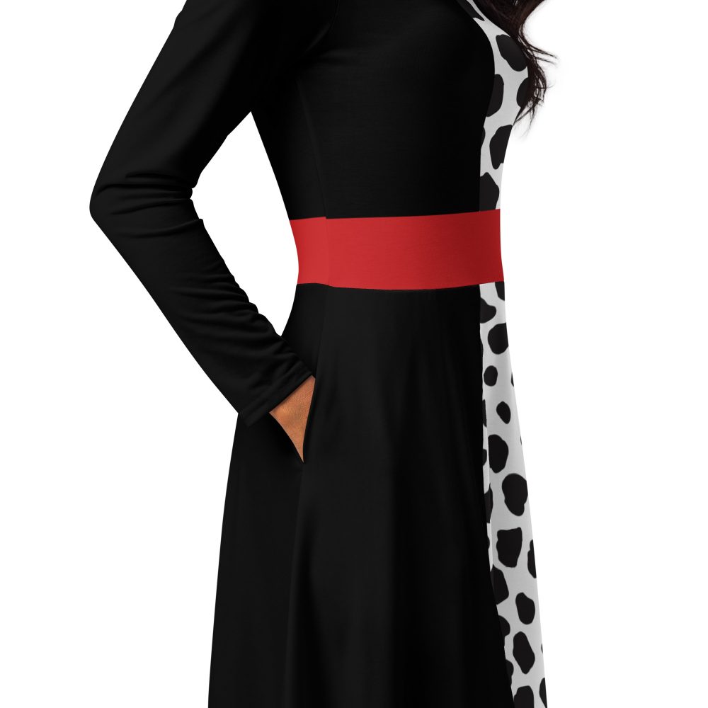 Cruella Deville Costume Halloween Cosplay Dalmatian Villain Long Sleeve Midi Dress - Image 5