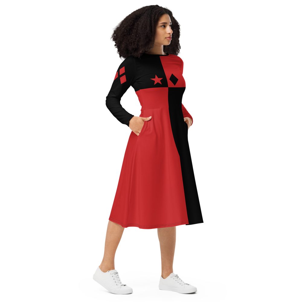 Harley Quinn Halloween Cosplay Costume Long Sleeve Midi Dress - Image 2