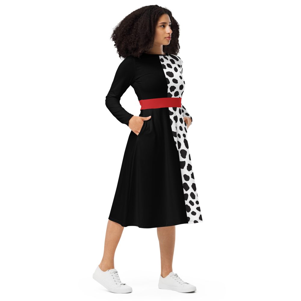 Cruella Deville Costume Halloween Cosplay Dalmatian Villain Long Sleeve Midi Dress - Image 2