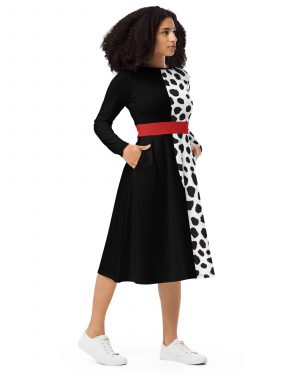 Cruella Deville Costume Halloween Cosplay Dalmatian Villain Long Sleeve Midi Dress