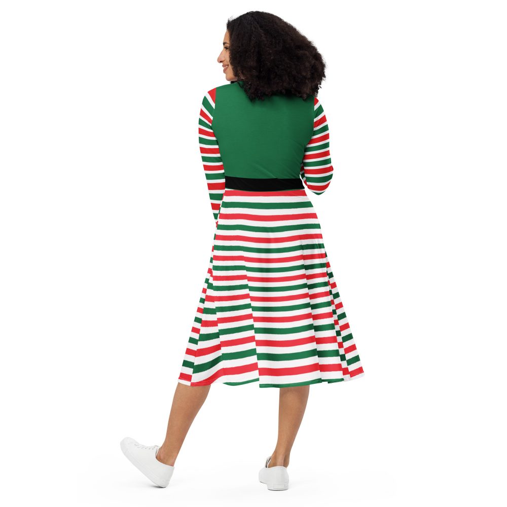 Christmas Elf Costume Green Red Stripes Long Sleeve Dress - Image 3