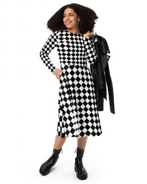 Black and White Argyle Long Sleeve Midi Dress