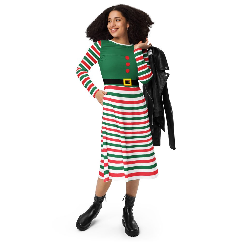 Christmas Elf Costume Green Red Stripes Long Sleeve Dress