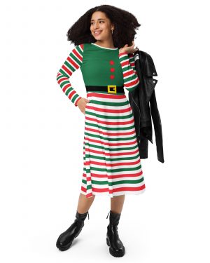 Christmas Elf Costume Green Red Stripes Long Sleeve Dress