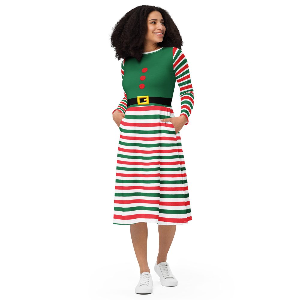 Christmas Elf Costume Green Red Stripes Long Sleeve Dress - Image 7