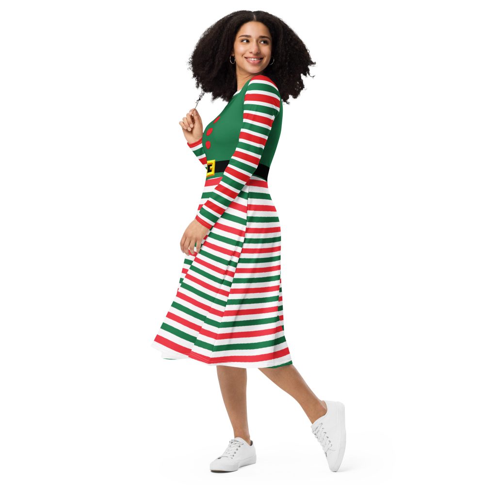 Christmas Elf Costume Green Red Stripes Long Sleeve Dress - Image 2