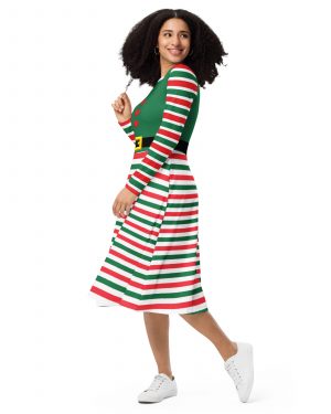 Christmas Elf Costume Green Red Stripes Long Sleeve Dress