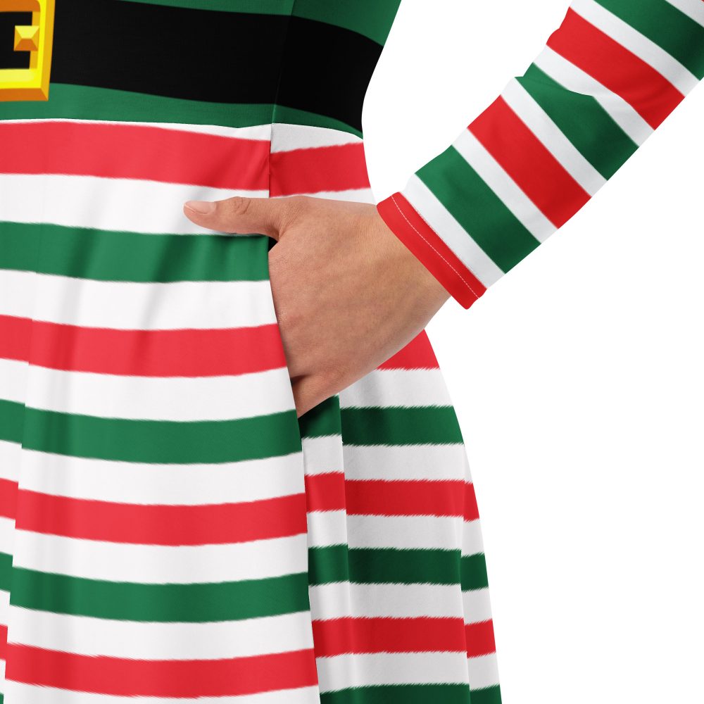 Christmas Elf Costume Green Red Stripes Long Sleeve Dress - Image 6