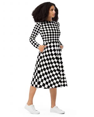 Black and White Argyle Long Sleeve Midi Dress