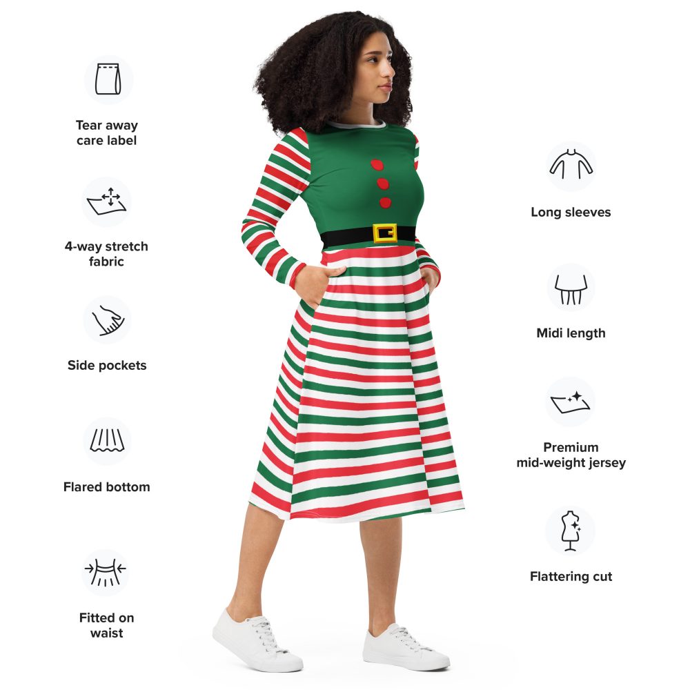 Christmas Elf Costume Green Red Stripes Long Sleeve Dress - Image 4